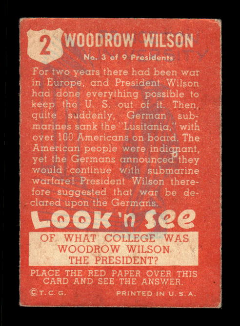 1952 Topps Look 'n See #2 Woodrow Wilson back image