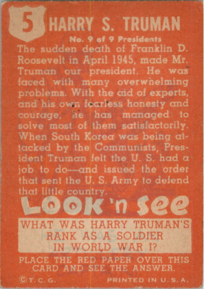 1952 Topps Look 'n See #5 Harry Truman back image