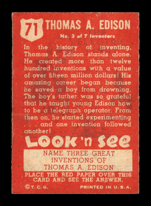 1952 Topps Look 'n See #71 Thomas A. Edison back image