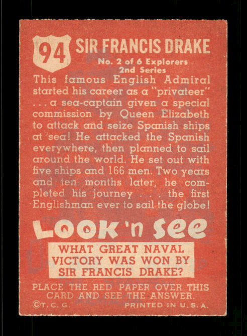 1952 Topps Look 'n See #94 Sir Francis Drake back image