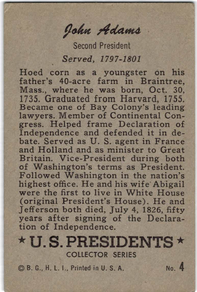 1952 Bowman U.S. Presidents #4 John Adams back image
