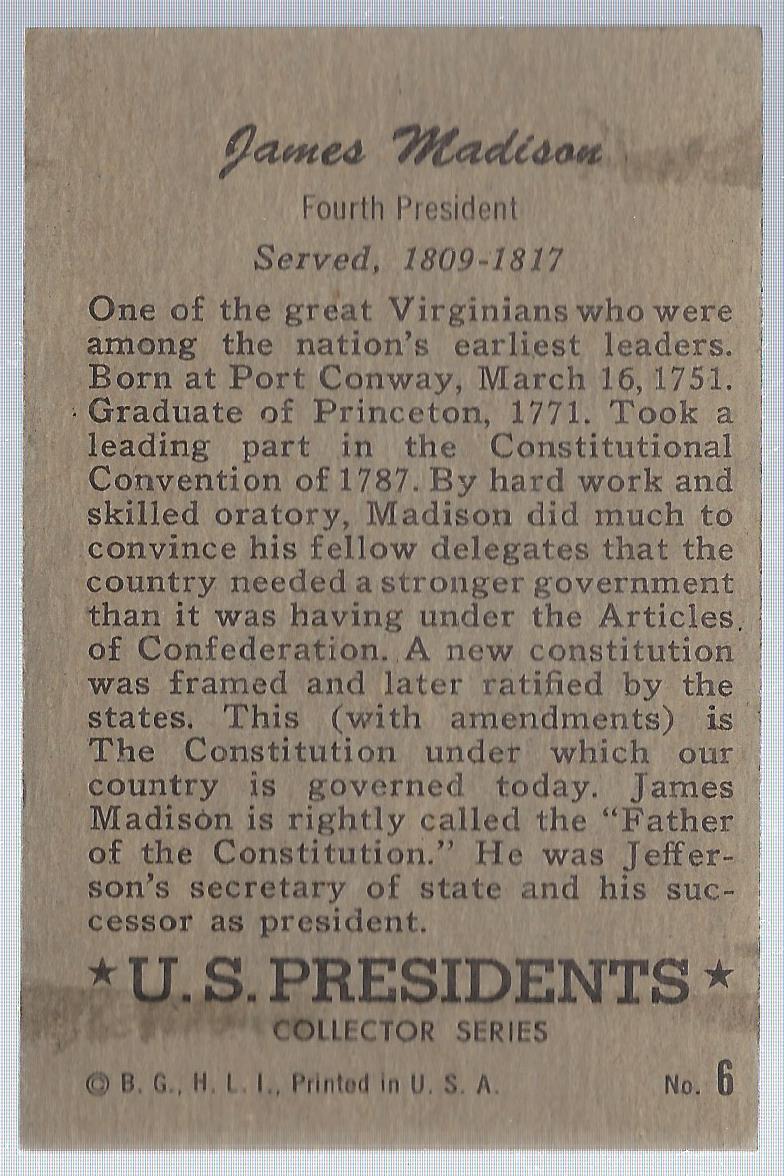 1952 Bowman U.S. Presidents #6 James Madison back image