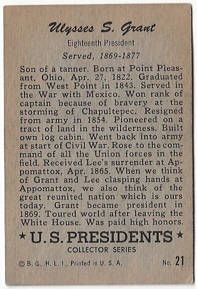 1952 Bowman U.S. Presidents #21 Ulysses S. Grant back image