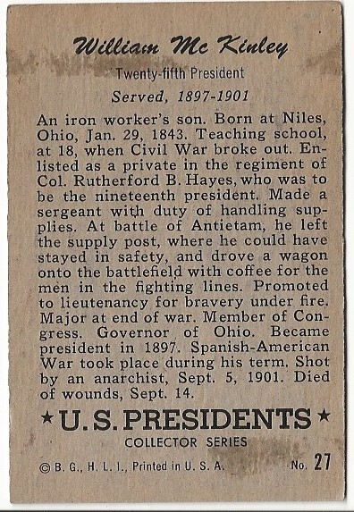 1952 Bowman U.S. Presidents #27 William McKinley back image