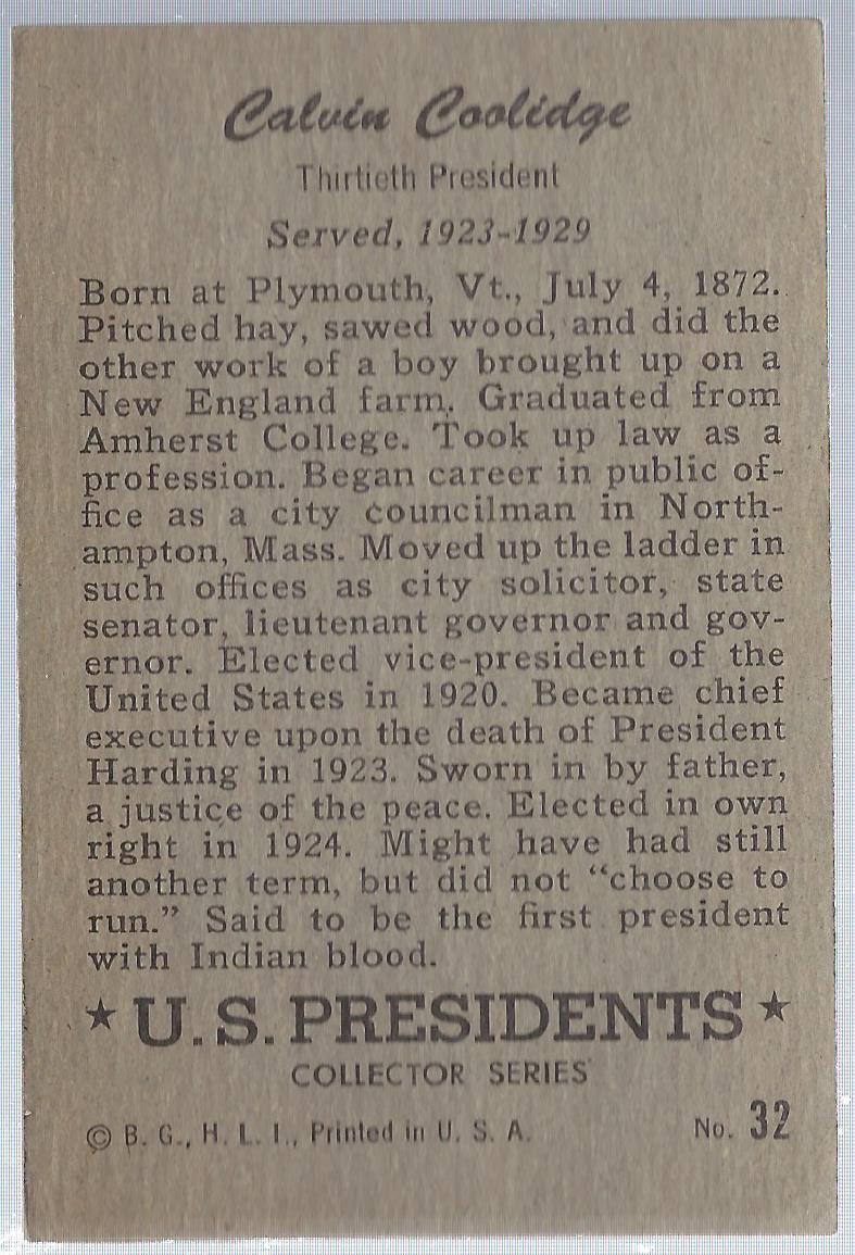 1952 Bowman U.S. Presidents #32 Calvin Coolidge back image