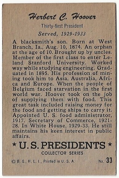 1952 Bowman U.S. Presidents #33 Herbert C. Hoover back image