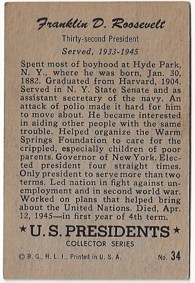 1952 Bowman U.S. Presidents #34 Franklin Roosevelt back image