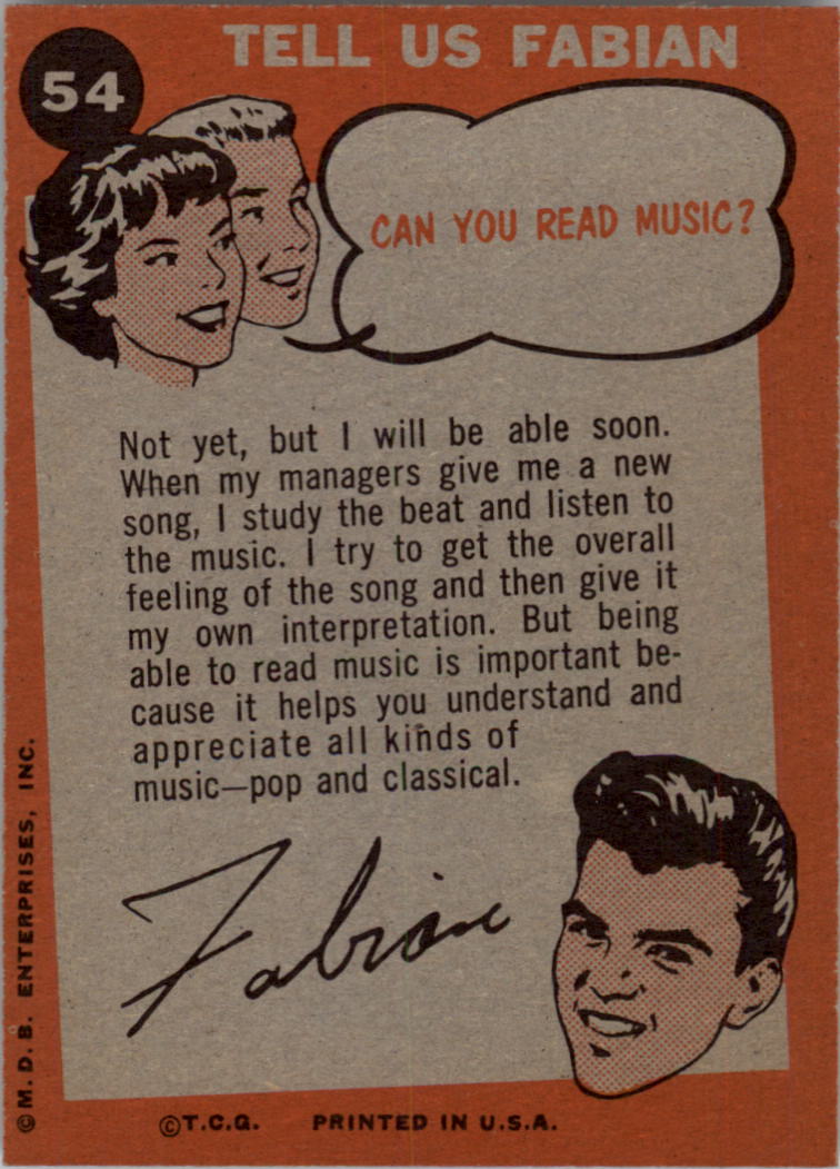 1959 Topps Fabian #54 Studying a New Song back image