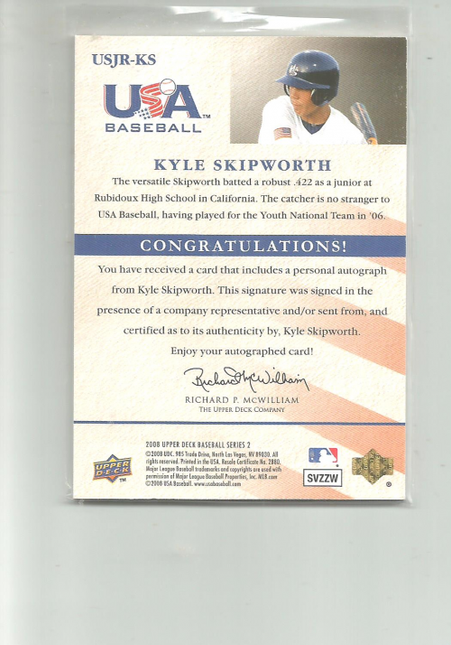 2008 Upper Deck USA Junior National Team Autographs #KS Kyle Skipworth/177 back image