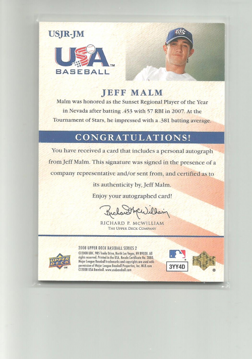 2008 Upper Deck USA Junior National Team Autographs Blue #JM Jeff Malm/175 back image
