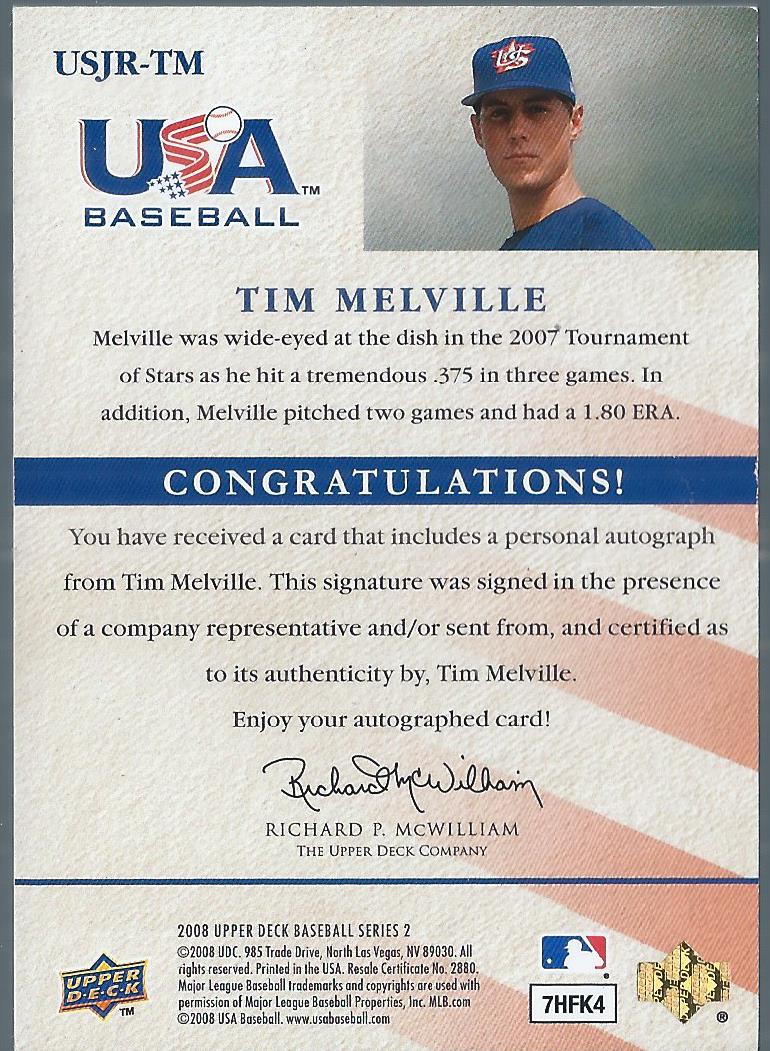2008 Upper Deck USA Junior National Team Autographs Blue #TM Tim Melville/330 back image