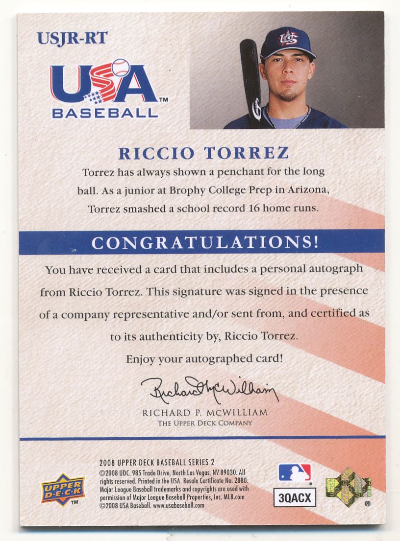 2008 Upper Deck USA Junior National Team Autographs Red #RT Riccio Torrez/150 back image