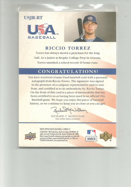 2008 Upper Deck USA Junior National Team Jerseys Autographs Black #RT Riccio Torrez/400 back image