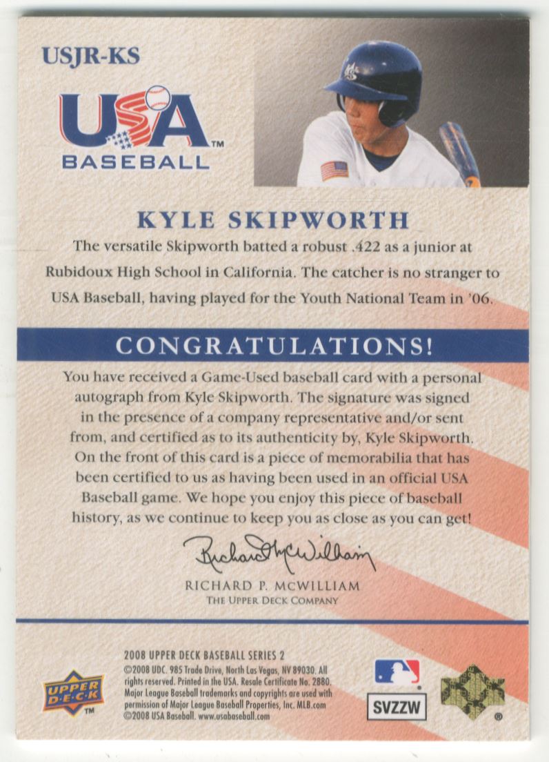 2008 Upper Deck USA Junior National Team Jerseys Autographs Blue #KS Kyle Skipworth/300 back image