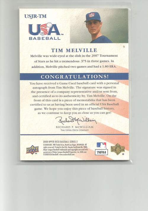 2008 Upper Deck USA Junior National Team Jerseys Autographs Blue #TM Tim Melville/350 back image