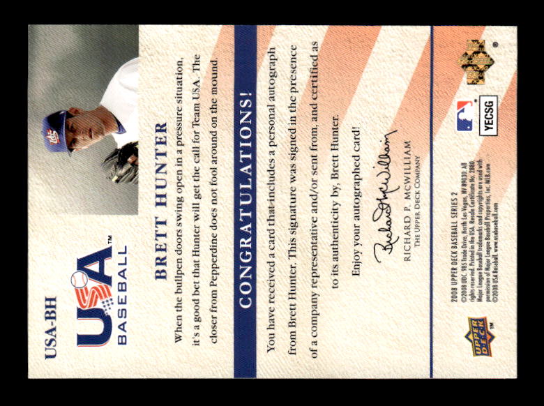 2008 Upper Deck USA National Team Autographs #BH Brett Hunter/297 back image