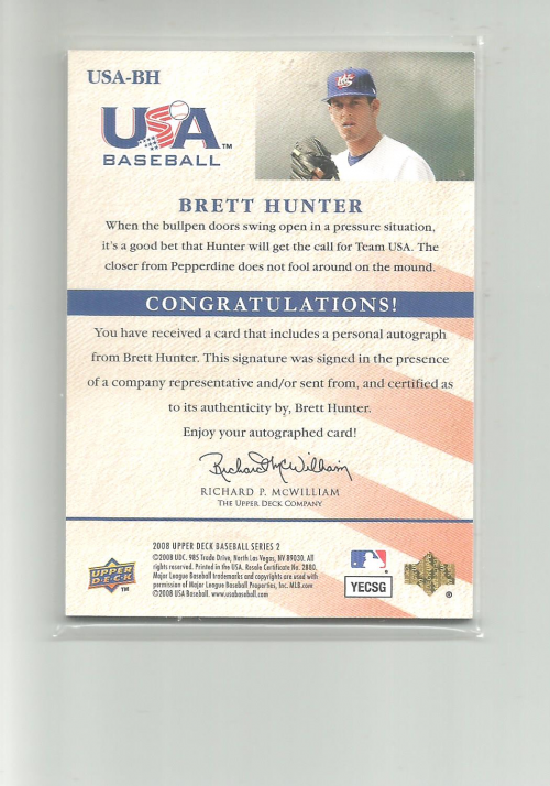 2008 Upper Deck USA National Team Autographs Blue #BH Brett Hunter/129 back image