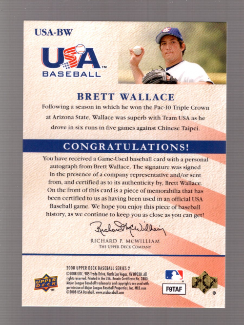 2008 Upper Deck USA National Team Jerseys Autographs Black #BW Brett Wallace/199 back image