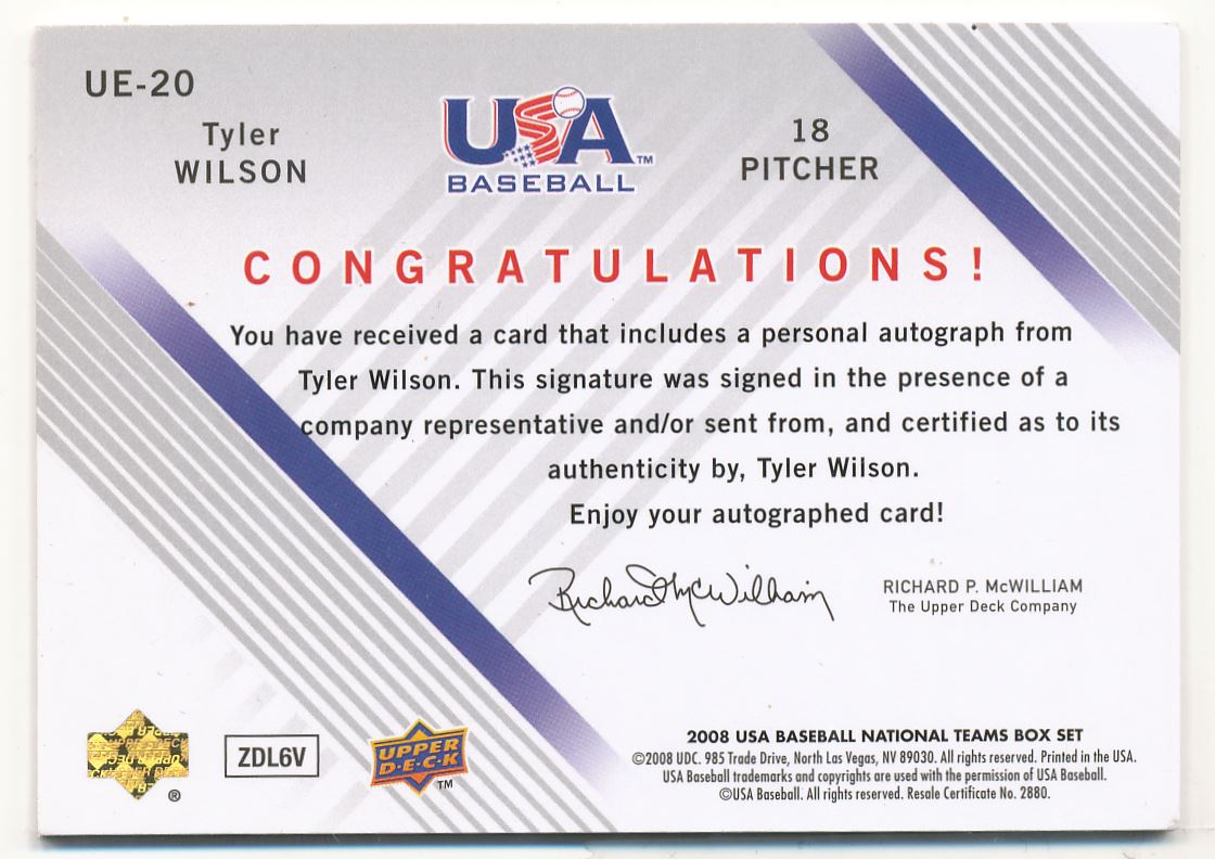 2008 USA Baseball Junior National Team Signatures Black #UE20 Tyler Wilson back image
