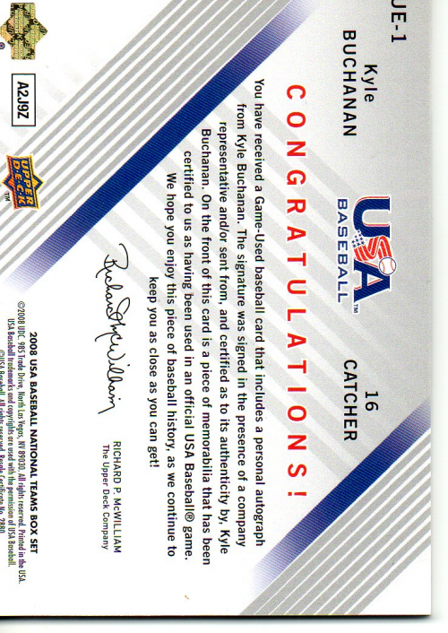 2008 USA Baseball Junior National Team Signature Jersey Black #UI1 Kyle Buchanan back image