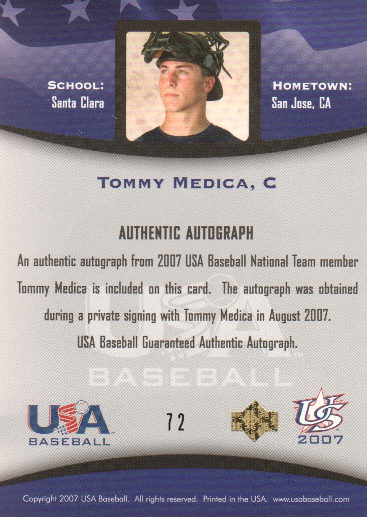 2008 USA Baseball National Team On-Card Signatures #72 Tommy Medica back image