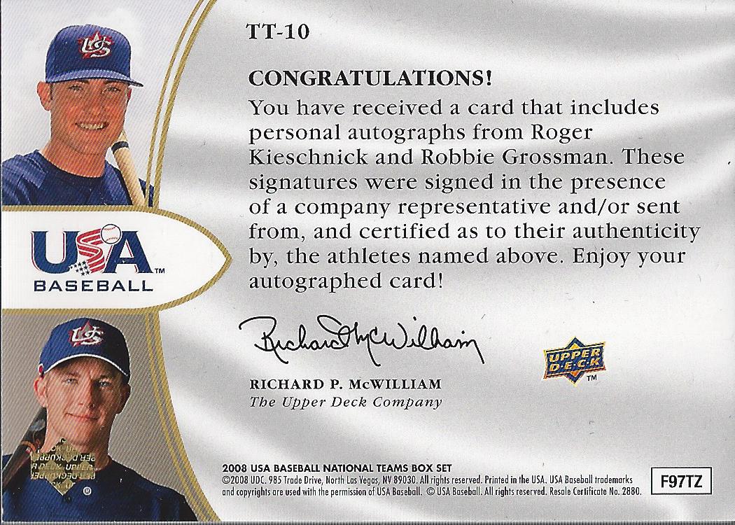 2008 USA Baseball Today and Tomorrow Signatures Red #TT10 Roger Kieschnick/Robbie Grossman back image