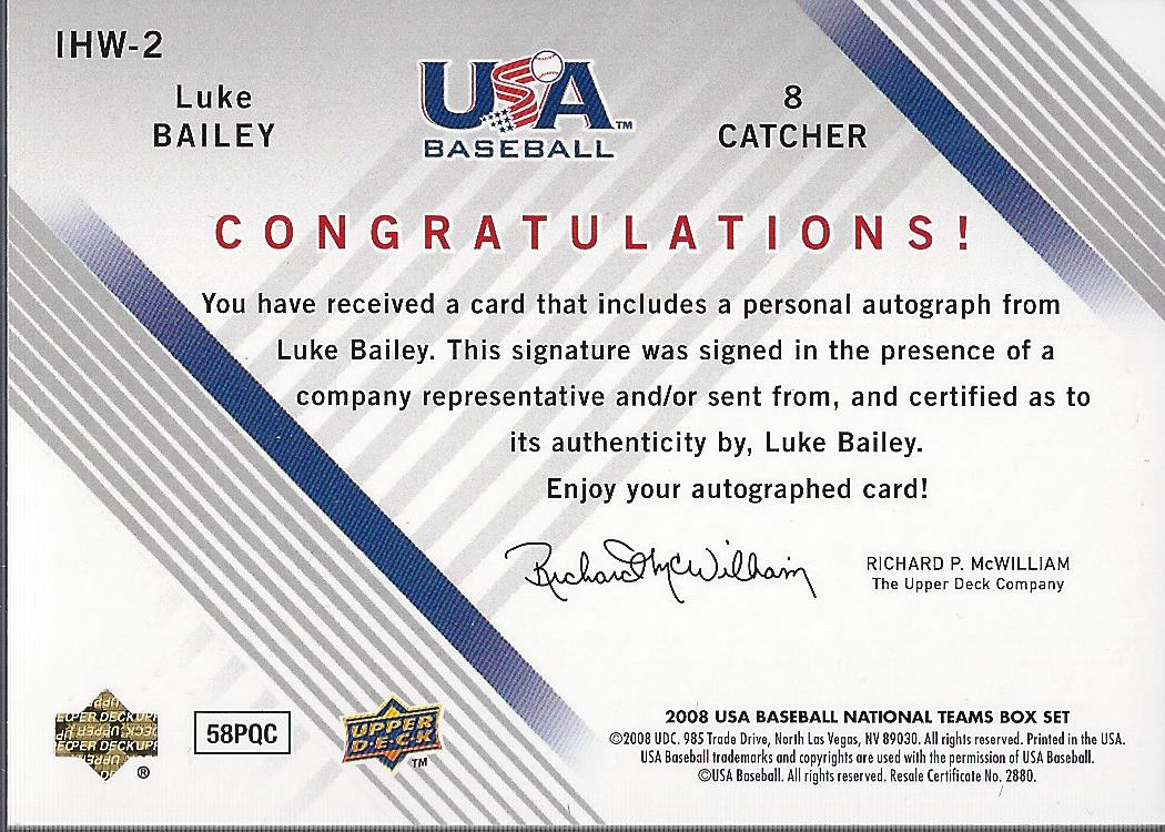 2008 USA Baseball Youth National Team In His Own Words Signatures #YI2 Luke Bailey back image