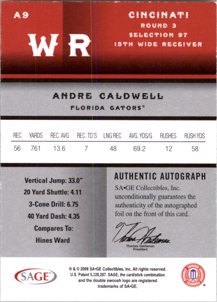 2008 SAGE Autographs Gold #9 Andre Caldwell back image