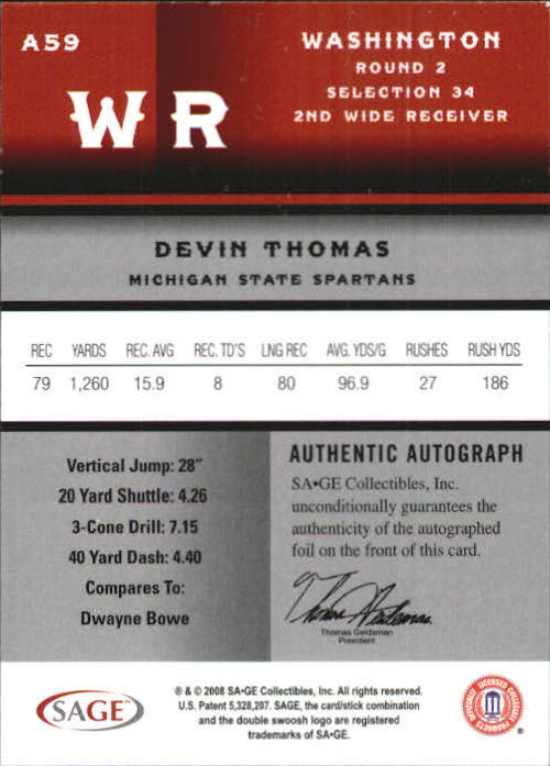 2008 SAGE Autographs Platinum #59 Devin Thomas back image