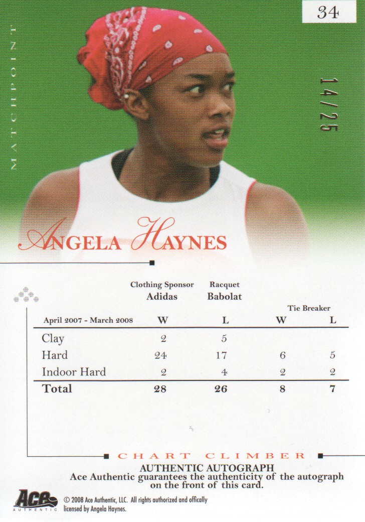 2008 Ace Authentic Match Point Autographs Gold #34 Angela Haynes/25 back image
