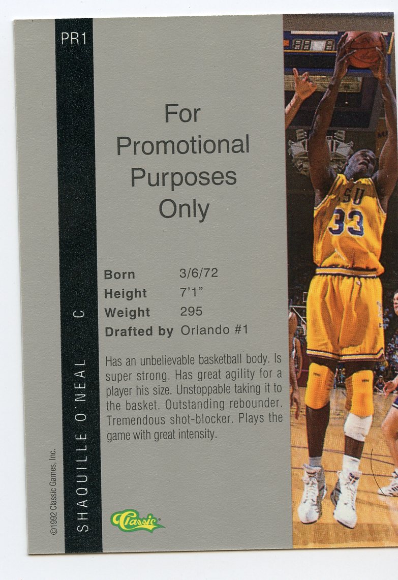1992 Classic Four Sport Promos #PR1 Shaquille O'Neal back image