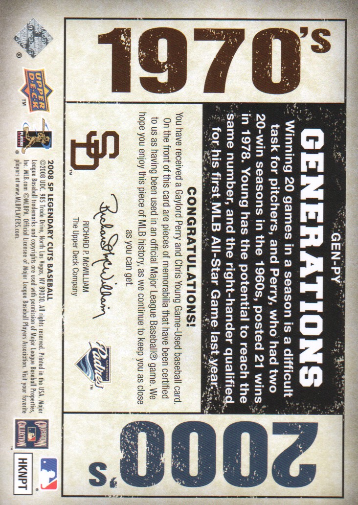 2008 SP Legendary Cuts Generations Dual Memorabilia #PY Gaylord Perry/Chris Young back image