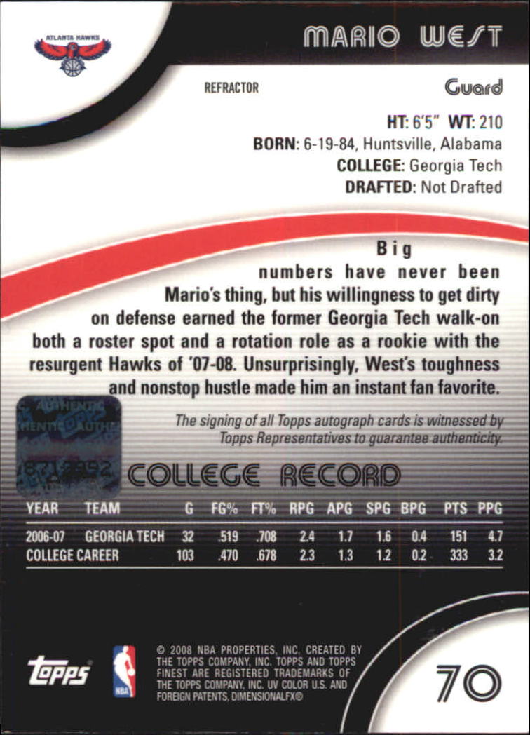 2007-08 Finest Rookie Autographs Refractors #70 Mario West E back image