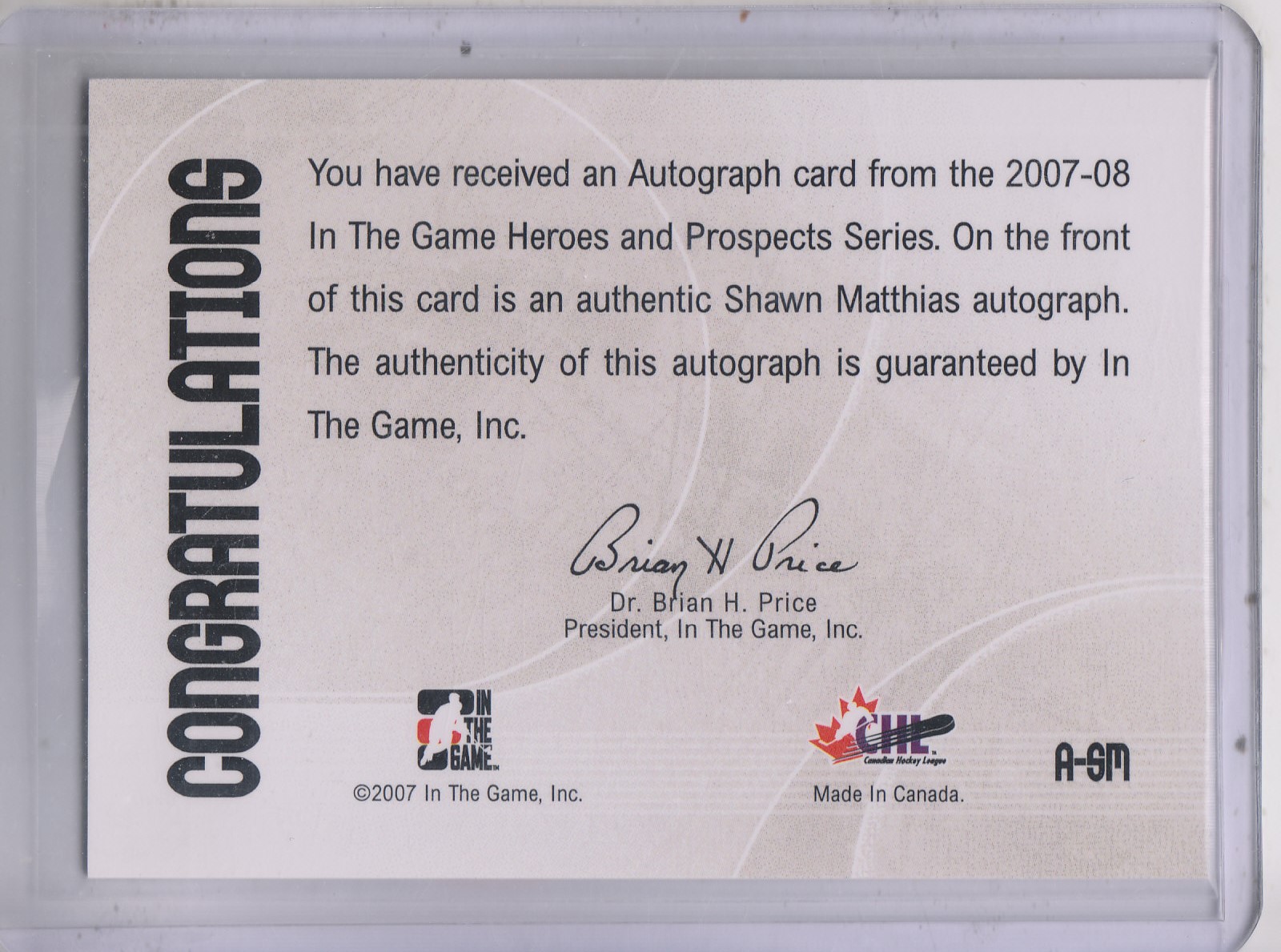 2007-08 ITG Heroes and Prospects Autographs #ASM Shawn Matthias back image
