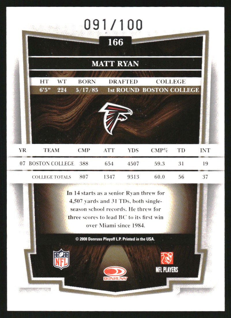 2008 Donruss Classics Timeless Tributes Silver #166 Matt Ryan
