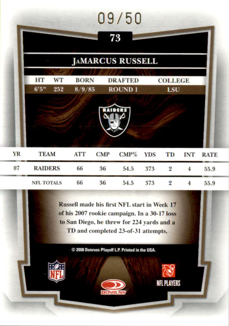 2008 Donruss Classics Timeless Tributes Gold #73 JaMarcus Russell back image