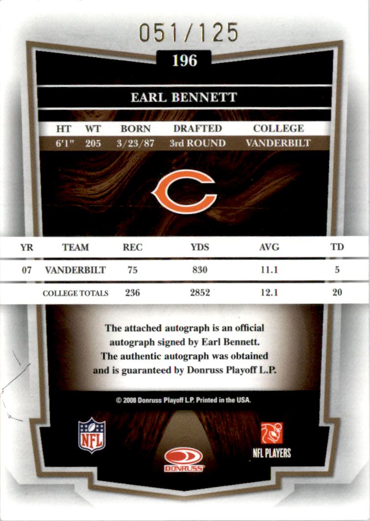 2008 Donruss Classics Significant Signatures Gold #196 Earl Bennett/125