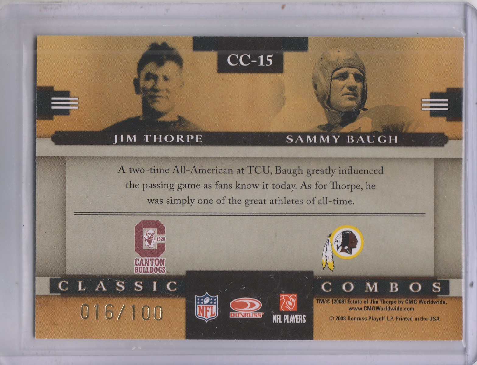 2008 Donruss Classics Classic Combos Gold #15 Jim Thorpe/Sammy Baugh back image