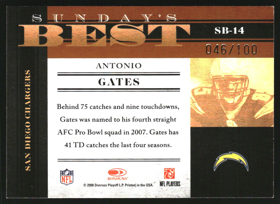 2008 Donruss Classics Sunday's Best Gold #14 Antonio Gates