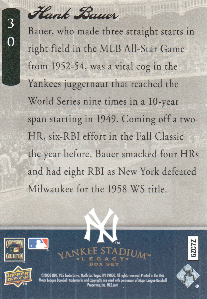 2008 Upper Deck Yankee Stadium Legacy Collection Box Set #30 Hank Bauer back image