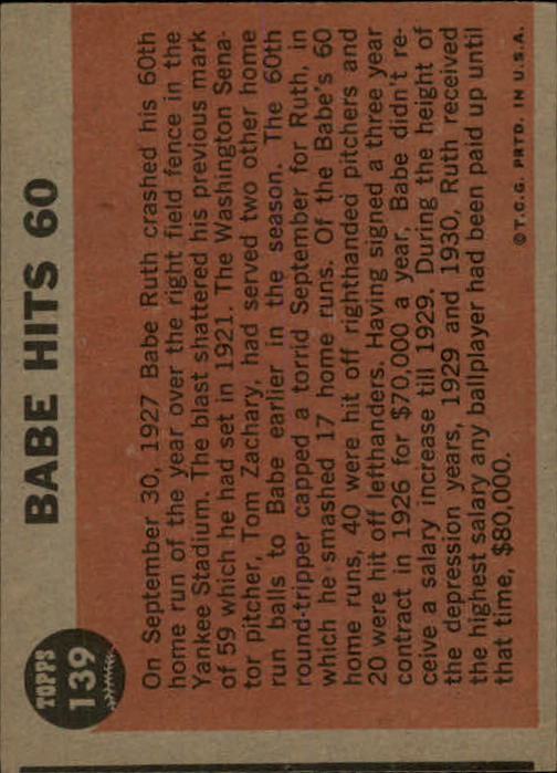 1962 Topps #139A2 Babe Ruth Special 5/Babe Hits 60 No Pole back image