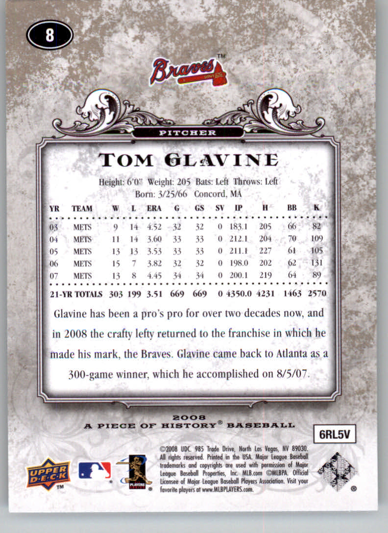 2008 UD A Piece of History #8 Tom Glavine back image