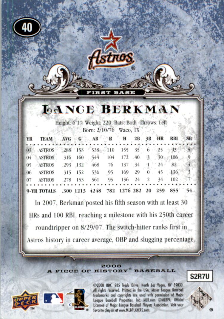 2008 UD A Piece of History Blue #40 Lance Berkman back image