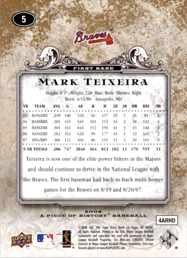 2008 UD A Piece of History Gold #5 Mark Teixeira back image