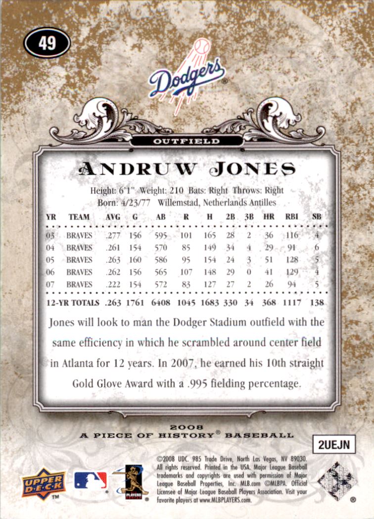 2008 UD A Piece of History Gold #49 Andruw Jones back image