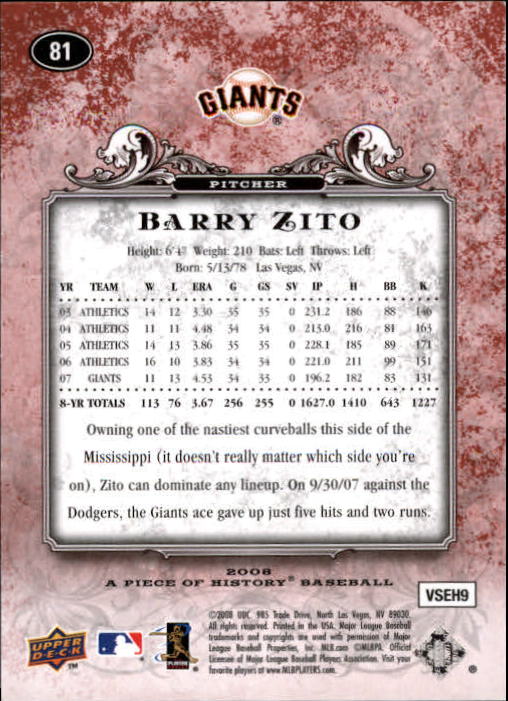 2008 UD A Piece of History Red #81 Barry Zito back image
