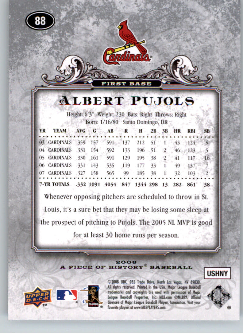 2008 UD A Piece of History Silver #88 Albert Pujols back image