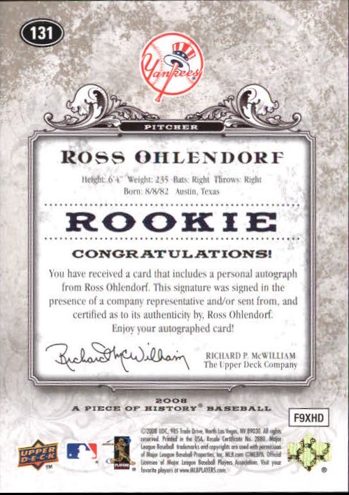 2008 UD A Piece of History Rookie Autographs #131 Ross Ohlendorf/499 back image