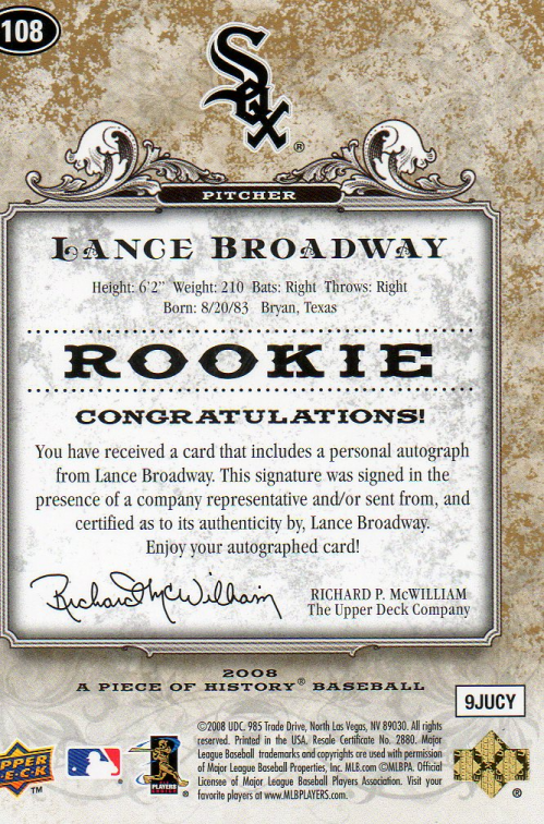 2008 UD A Piece of History Rookie Autographs Gold #108 Lance Broadway/25 back image