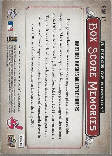 2008 UD A Piece of History Box Score Memories Red #BSM17 Victor Martinez back image